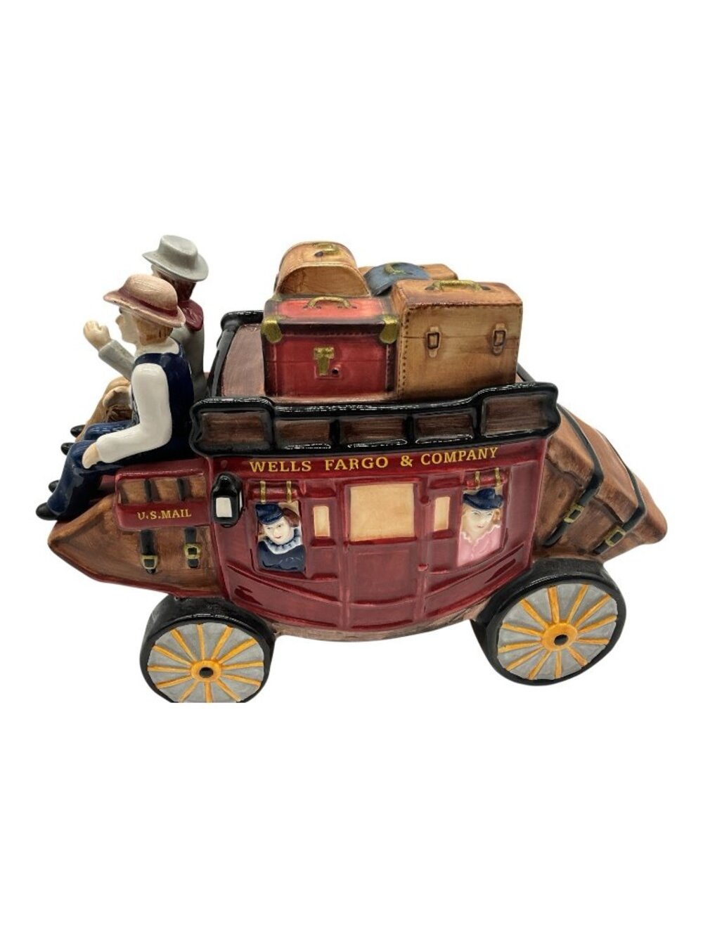 Wells Fargo Vibrant Colored Stagecoach Ceramic Cookie Jar w/ Lift-Off Lid Vintag